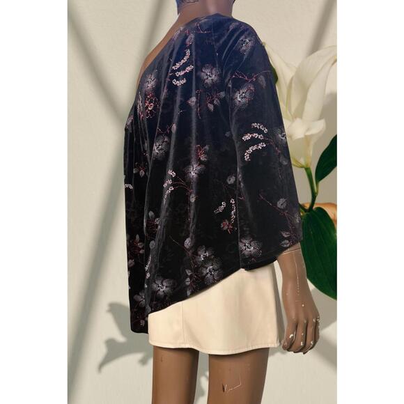 Vintage Tradition asymmetrical velvet  long sleeve sparkly florals print M-L - Picture 4 of 7